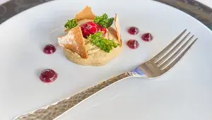 Máslová paštika z kachních jater s kmínovým chipsem, brusinkami s portským vínem a kadeřávkem.