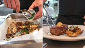 Podávání steaku ze svíčkové s pečenými topinambury a pepřovou omáčkou