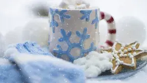 vánoční cukroví a šálek s čokoládou a šlehačkou