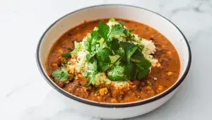 Vegetariánské chilli s červenou čočkou a jasmínovou rýží