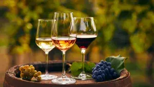 Three glasses of white, rosé and red wine