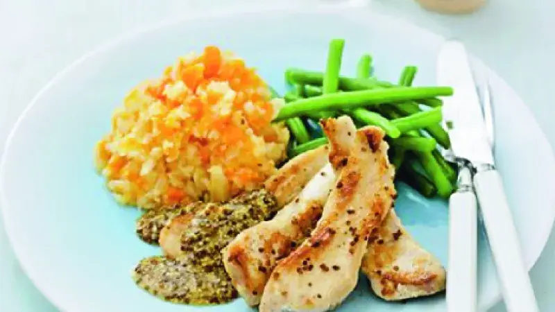 Hořčicové kuře s kaší z celeru a mrkve