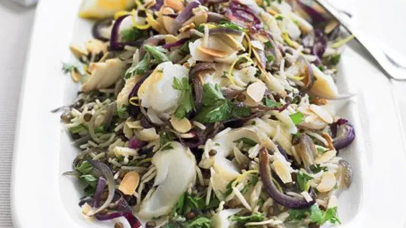 Pilaf s čočkou a dvojí rybou