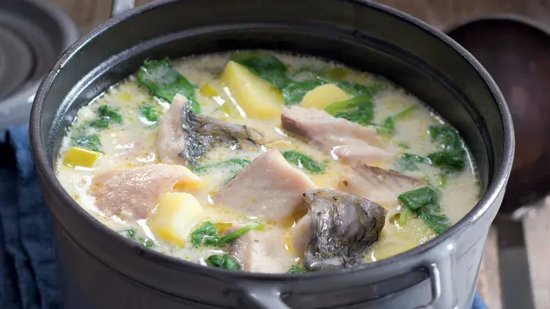 Krémová rybí polévka s uzeným pstruhem a pórkem