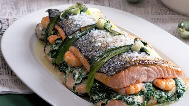 Losos plněný špenátem a krevetami