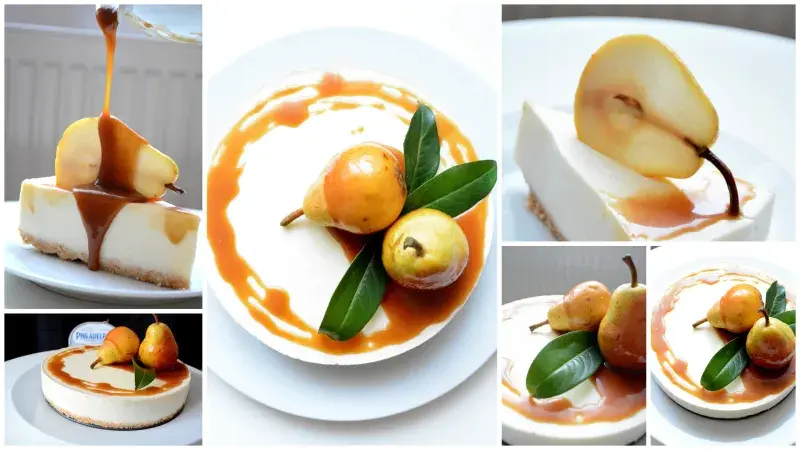 Sněhově bílý cheescake s hruškou zalitou karamelem