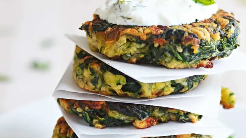 Zucchini, Feta, and Spinach Fritters with Garlic Tzatziki