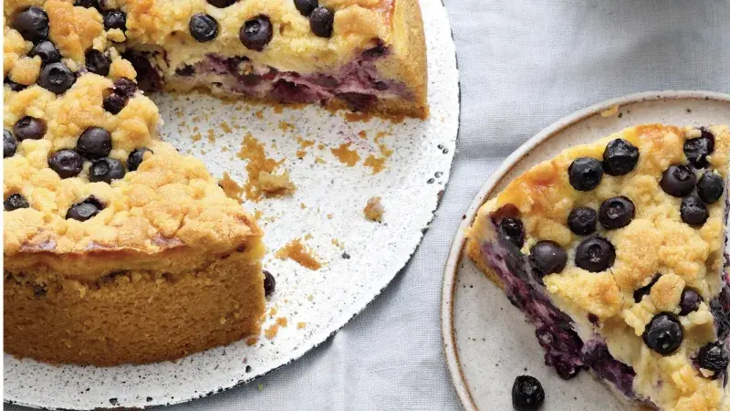 Borůvkovo-tvarohový koláč s drobenkou