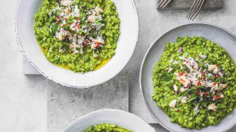 Hráškové rizoto s krabem