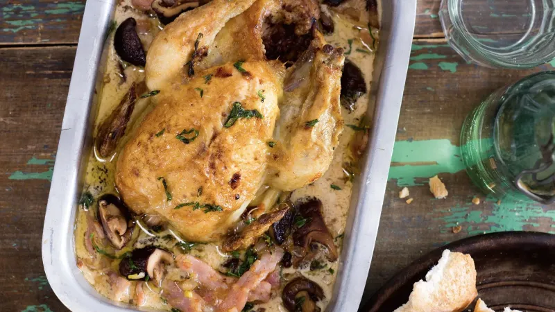 Jarní kuřátko na houbách a smetaně