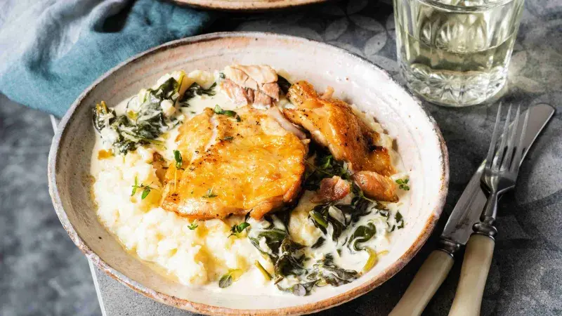 Kuře na víně a smetaně se špenátem