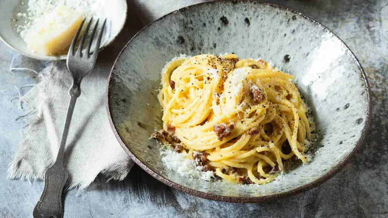 Puristické těstoviny carbonara