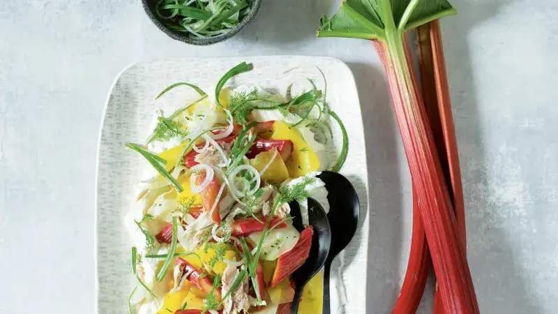 Salát s rebarborou, fenyklem a makrelou