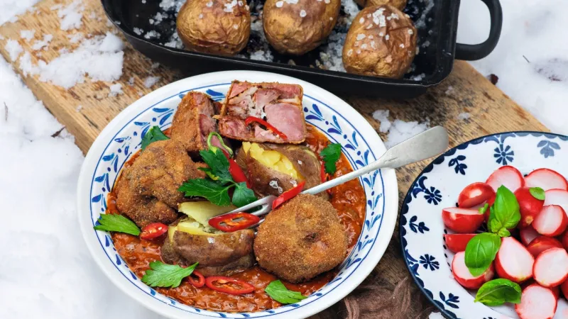 Smažené vepřové koleno s paprikáčem, pečenými brambory a nakládanou ředkvičkou