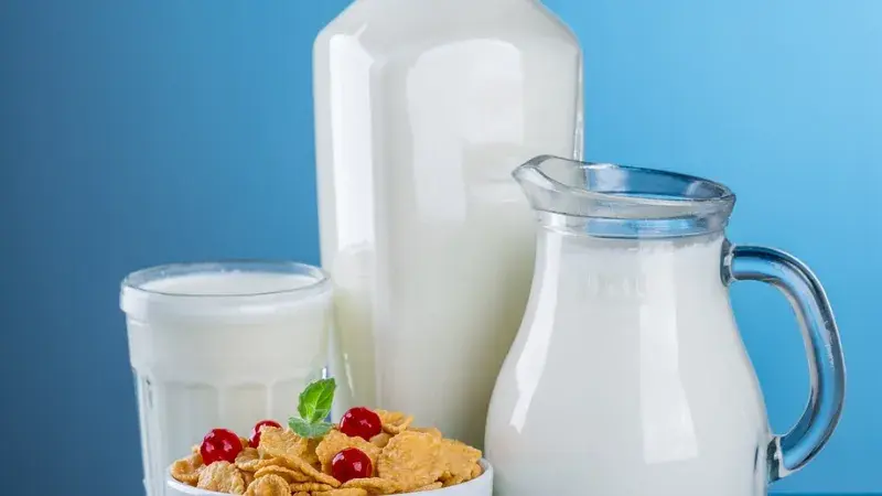 mléko ve džbánu a v láhvi