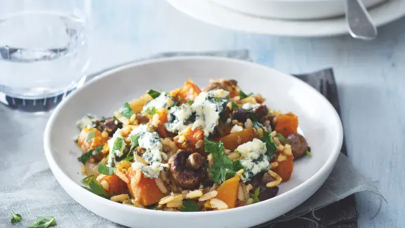 Dýňový pilaf s houbami a gorgonzolou