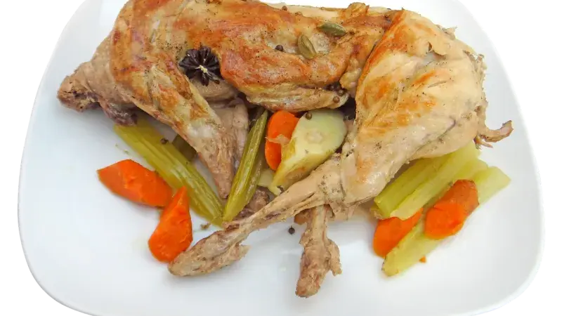 Králík na bílém víně se zeleninou a olivami 