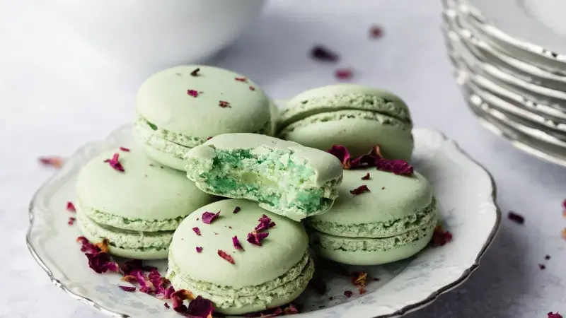 Pistáciové makronky na porcelánovém talíři