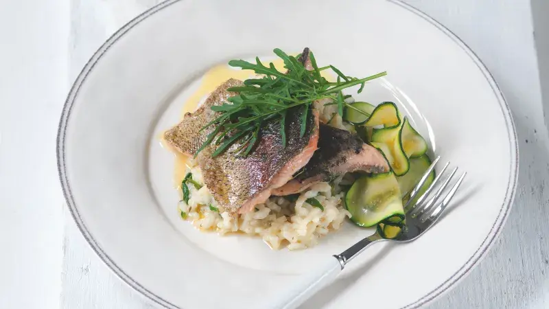 Opékaný pstruh na rukolovém rizotu