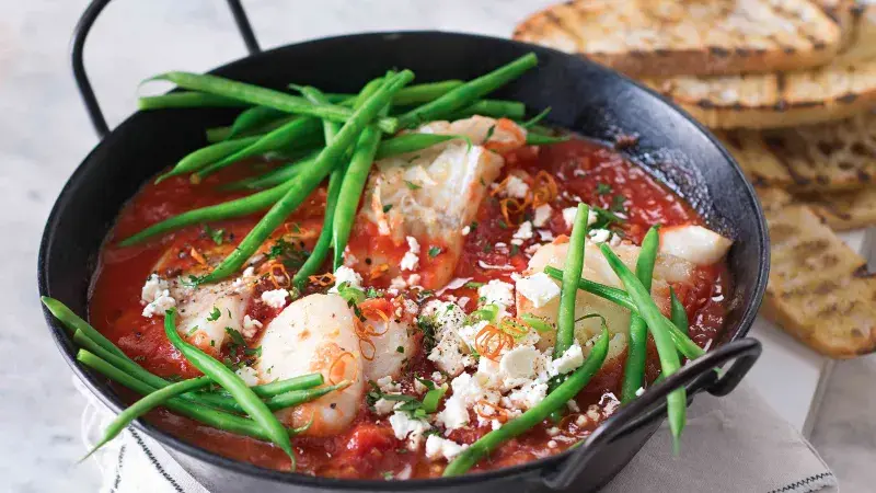 Treska v rajčatové omáčce s fazolovými lusky