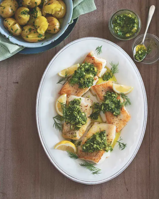 Halibut na másle s koprovým pestem