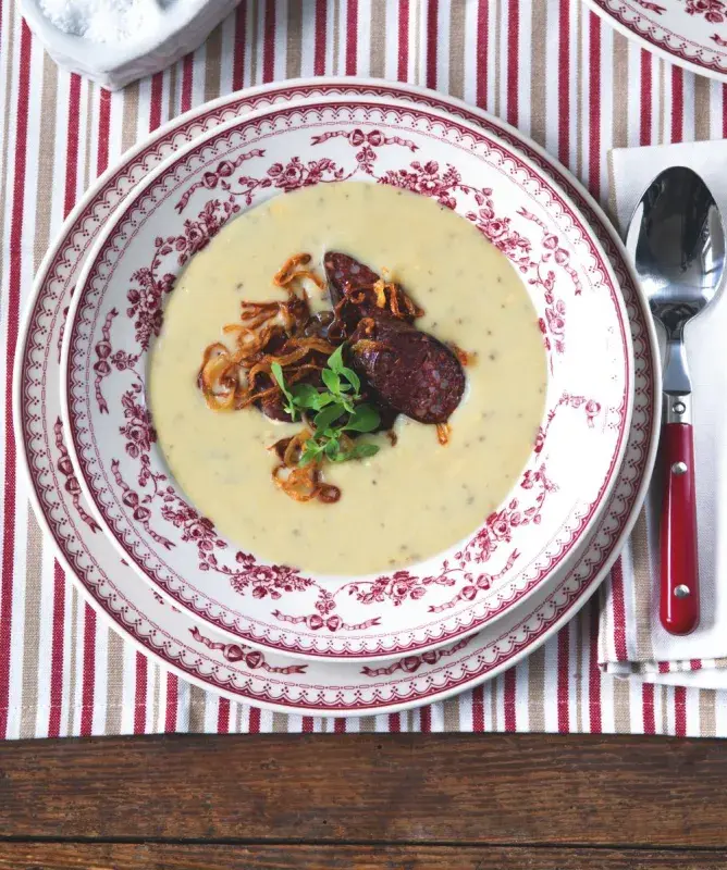 Bramborový krém s kroupovým jelítkem