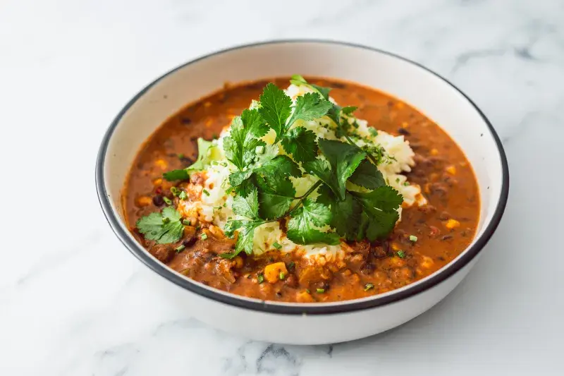 Vegetariánské chilli s červenou čočkou a jasmínovou rýží