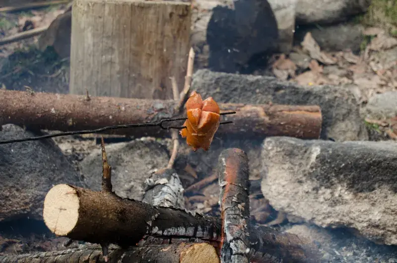 Špekáčky neopékejte přímo v ohni, spálily by se. Nejlepší je nechat je prohřát jen nad uhlíky