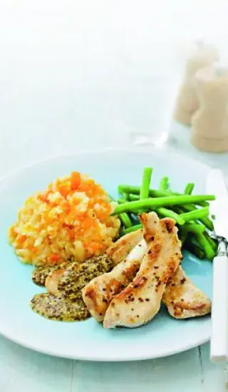 Hořčicové kuře s kaší z celeru a mrkve