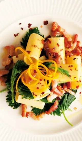 Široké rigatoni s kopřivami a vůní pomeranče