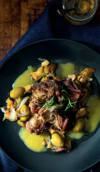 Kachna na medu s pomeranči a olivami