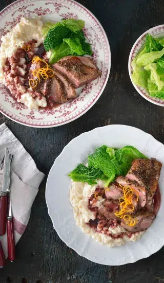 Kachní prsa s omáčkou z portského & celerová kaše