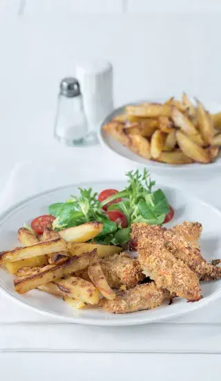 Sýrové krůtí miniřízečky s kořeněnými hranolky