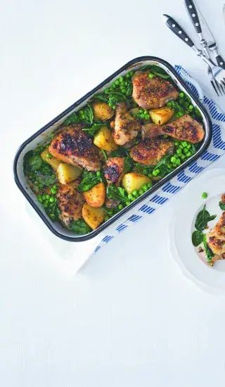 Kuře na hořčici a medu s bramborami a hráškem