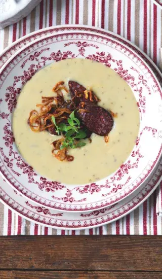 Bramborový krém s kroupovým jelítkem