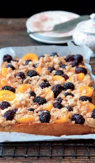 Meruňkový koláč s ostružinami a drobenkou