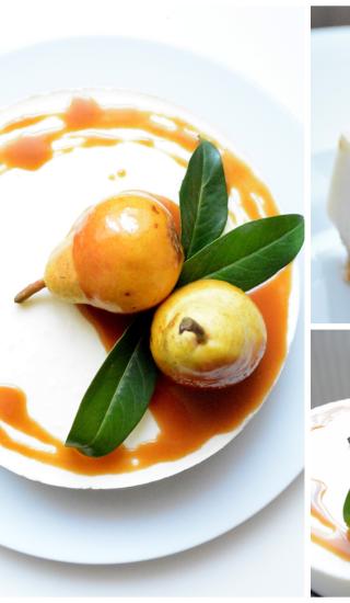 Sněhově bílý cheescake s hruškou zalitou karamelem