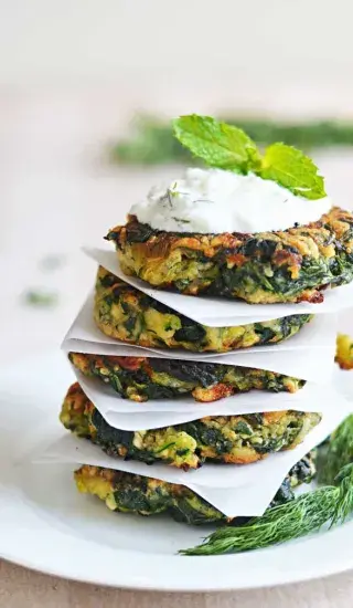 Zucchini, Feta, and Spinach Fritters with Garlic Tzatziki