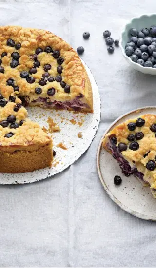 Borůvkovo-tvarohový koláč s drobenkou