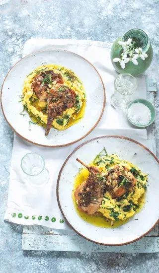 Králík na česneku a rozmarýnu & špenátová polenta