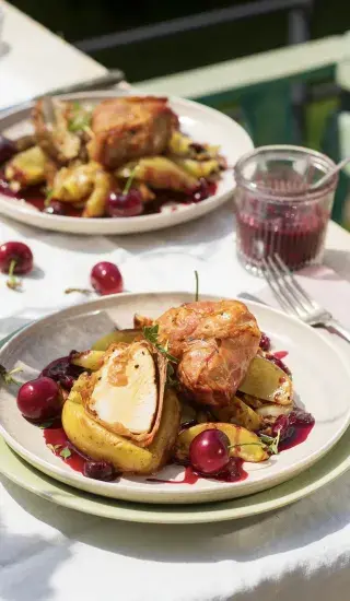 Krůtí balíčky s pečenými bramborami a omáčkou z třešní