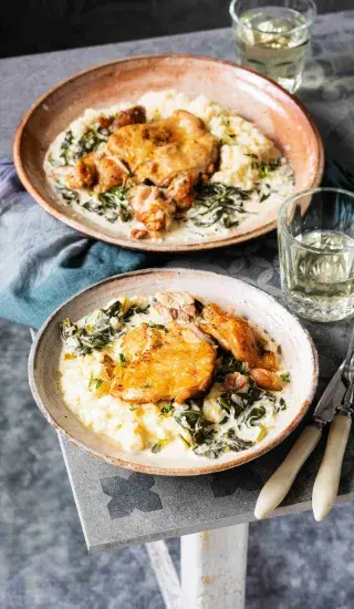 Kuře na víně a smetaně se špenátem