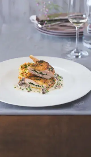 Supreme z perličky s lasagnemi a žampiony