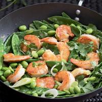 Krevety, cukrový hrášek & edamame ve woku