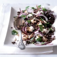 Čočkový salát s červenou cibulí a balkánským sýrem