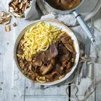 Dušené hovězí plátky s houbami na víně Dušené hovězí plátky s houbami na víně