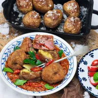 Smažené vepřové koleno s paprikáčem, pečenými brambory a nakládanou ředkvičkou