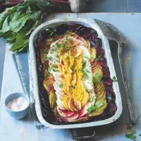 Zapékaná řepa dvou barev s tuřínem a ředkví